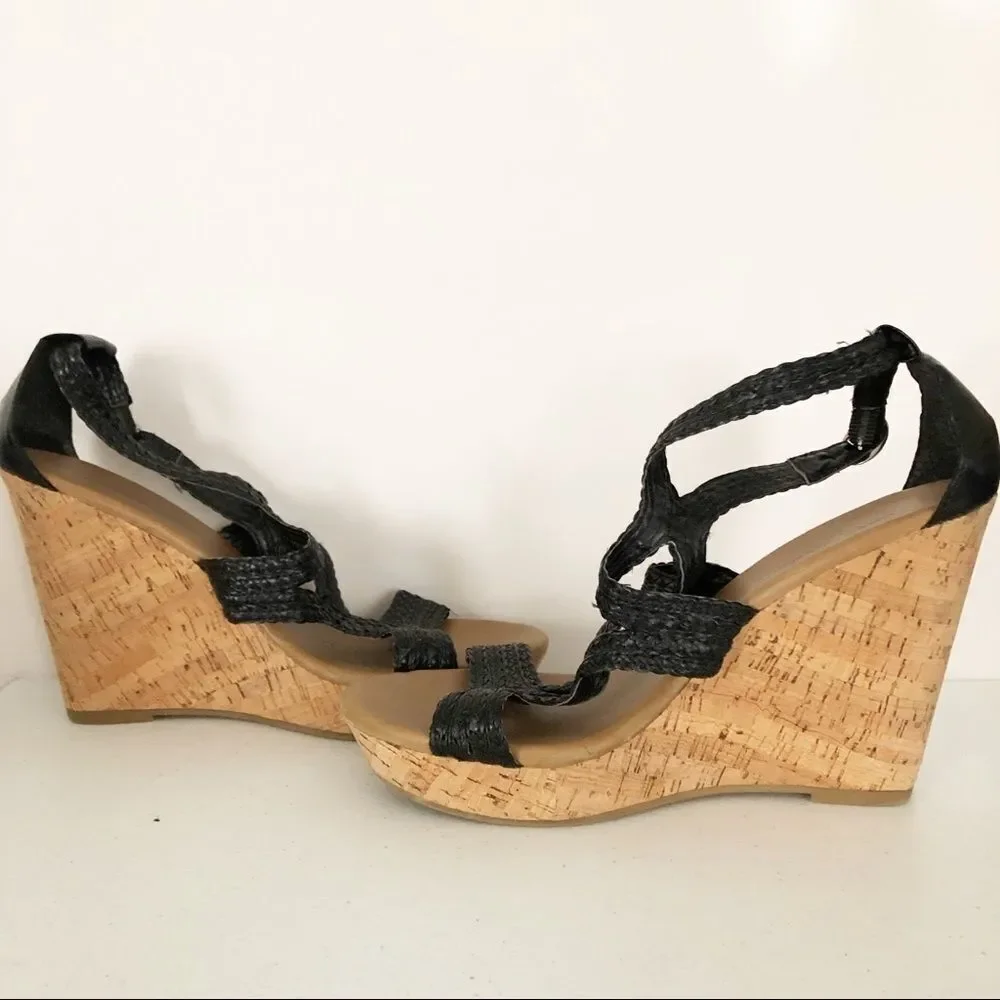 Banana Republic black leather cork wedges, 8.5